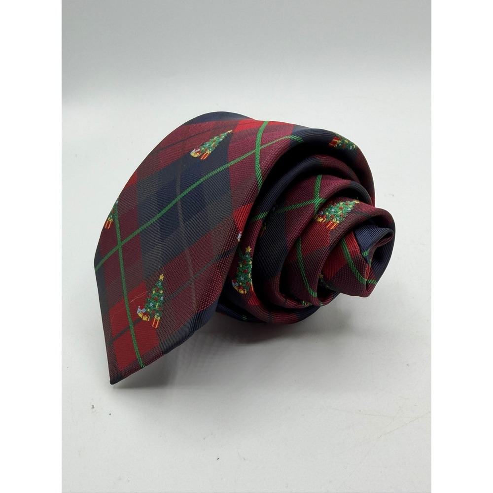Chaps Mens Christmas Tree Plaid Necktie Navy Red Green Holiday Tie NEW